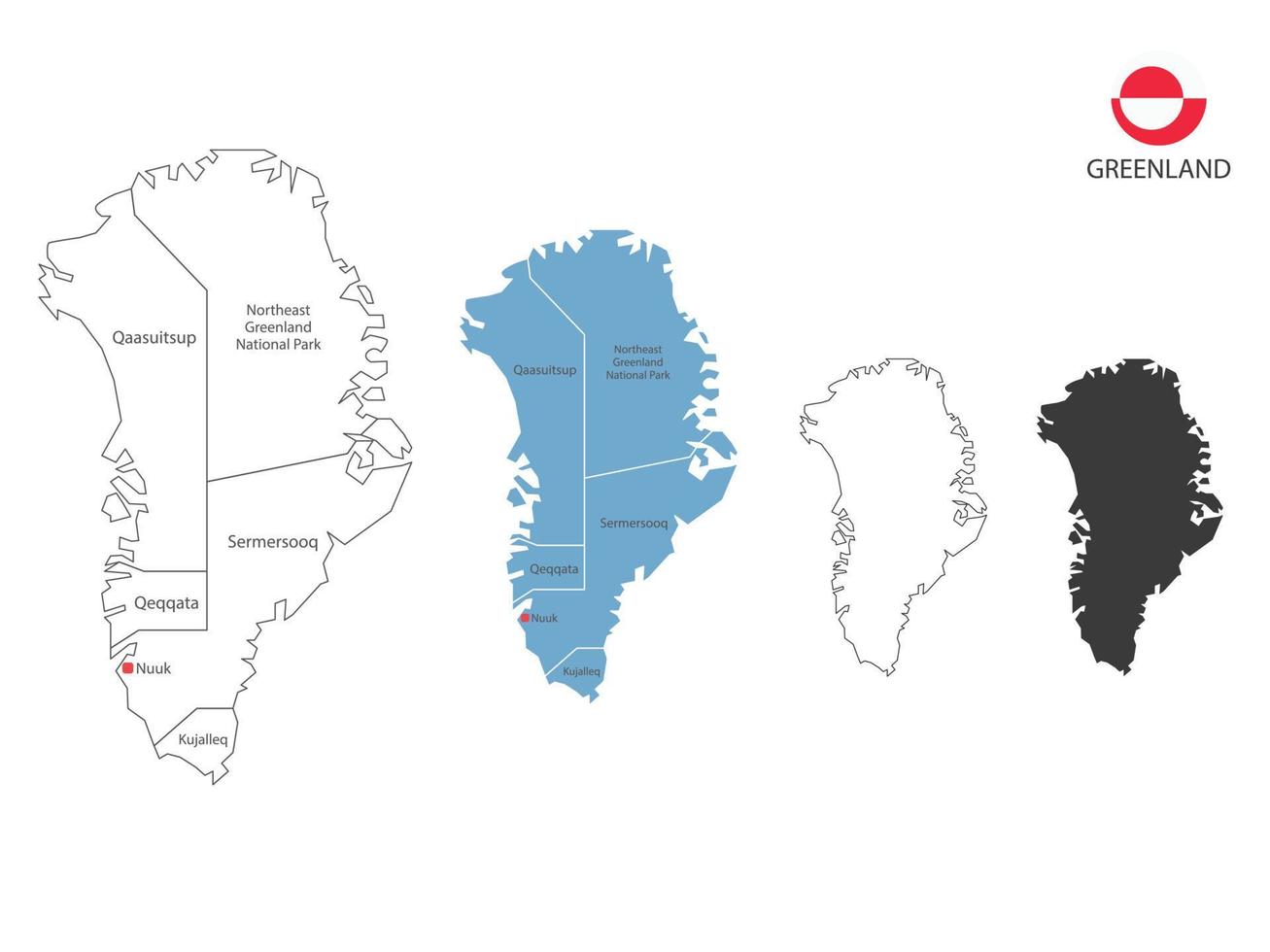 4 style of Greenland map vector illustration have all province and mark the capital city of Greenland. By thin black outline simplicity style and dark shadow style. Isolated on white background.