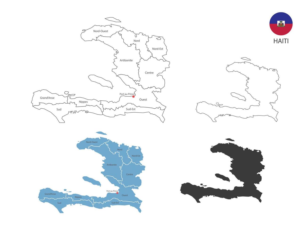 4 style of Haiti map vector illustration have all province and mark the capital city of Haiti. By thin black outline simplicity style and dark shadow style. Isolated on white background.