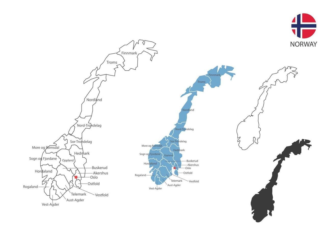 4 estilo de ilustración de vector de mapa de noruega tiene toda la provincia y marca la ciudad capital de noruega. por estilo de simplicidad de contorno negro delgado y estilo de sombra oscura. aislado sobre fondo blanco.