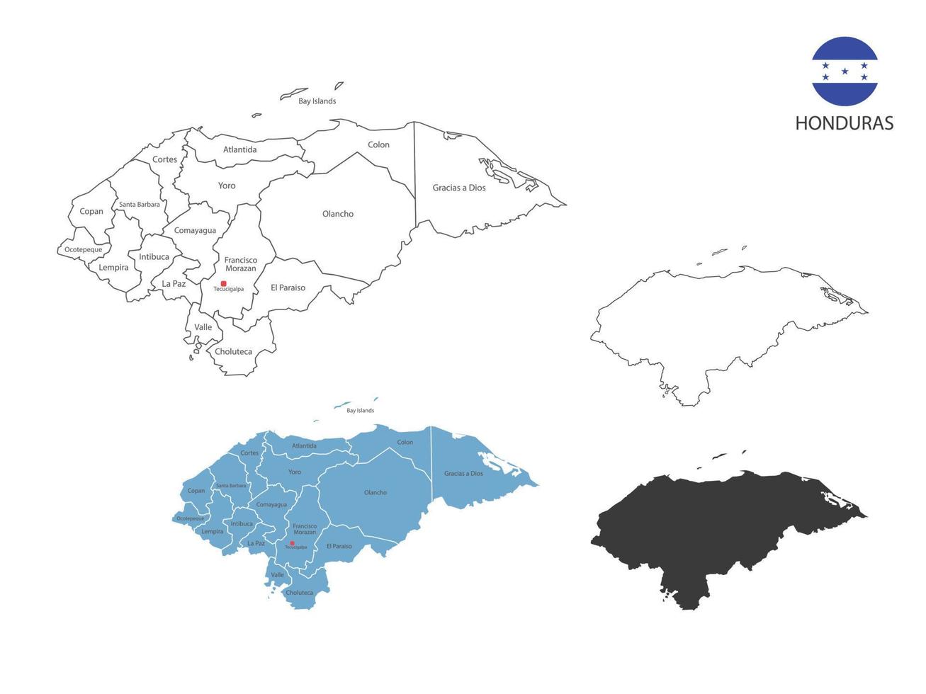 4 estilo de ilustración de vector de mapa de honduras tiene toda la provincia y marca la ciudad capital de honduras. por estilo de simplicidad de contorno negro delgado y estilo de sombra oscura. aislado sobre fondo blanco.