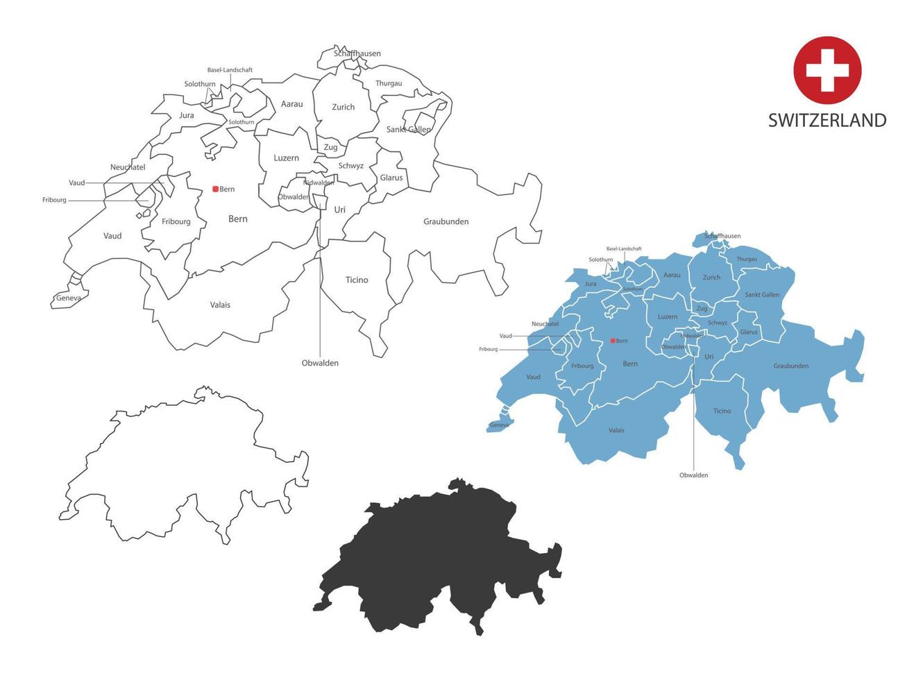 4 estilo de ilustración de vector de mapa de suiza tiene toda la provincia y marca la ciudad capital de suiza. por estilo de simplicidad de contorno negro delgado y estilo de sombra oscura. aislado sobre fondo blanco.