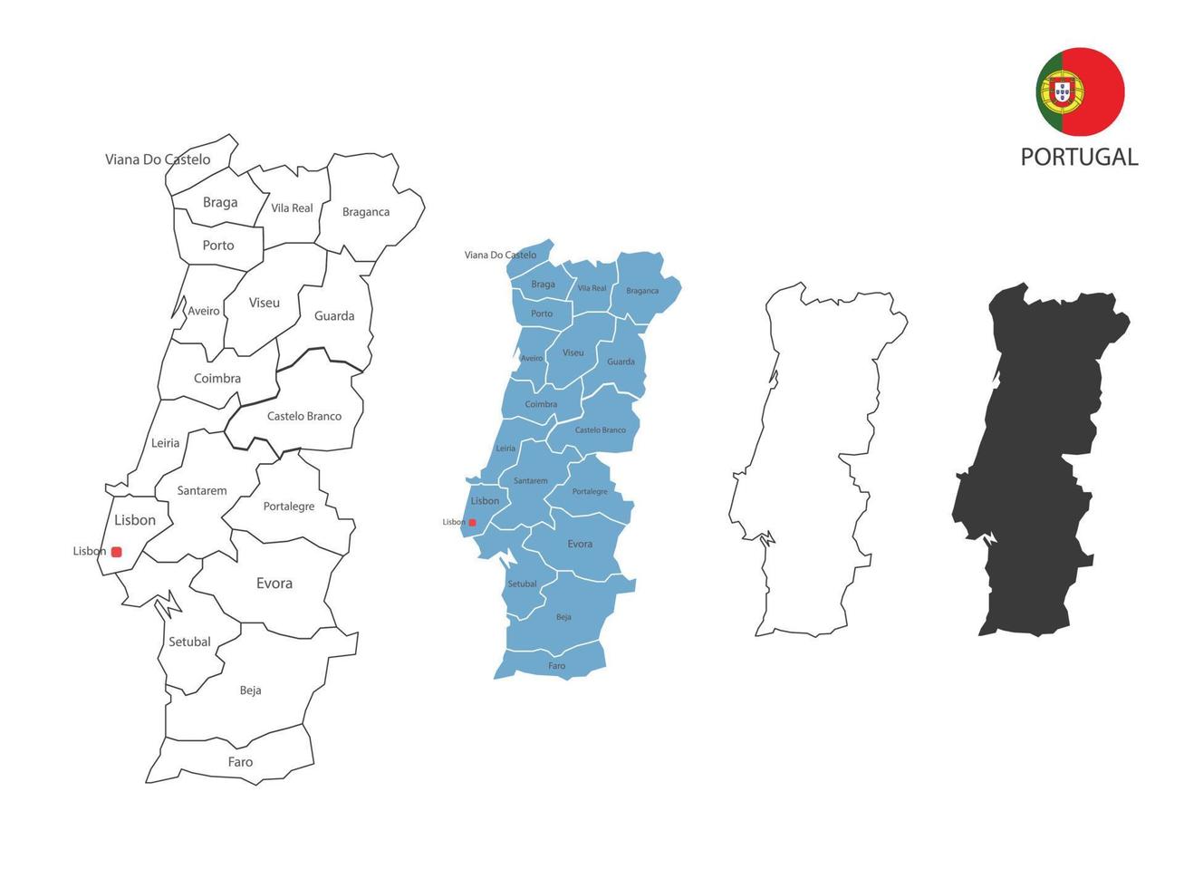 4 estilo de ilustración de vector de mapa de portugal tiene toda la provincia y marca la ciudad capital de portugal. por estilo de simplicidad de contorno negro delgado y estilo de sombra oscura. aislado sobre fondo blanco.