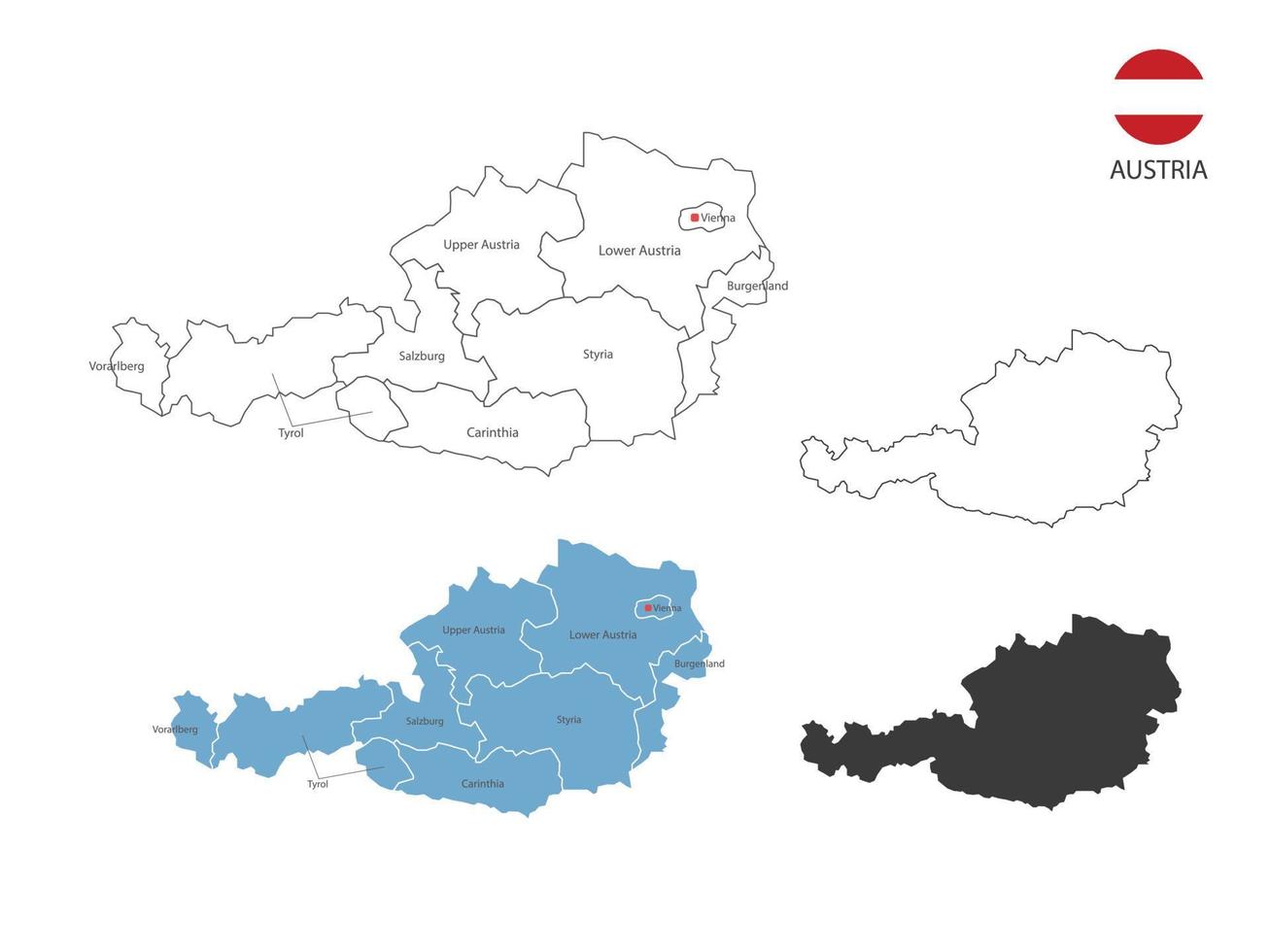 4 estilo de ilustración de vector de mapa de austria tienen todas las provincias y marcan la ciudad capital de austria. por estilo de simplicidad de contorno negro delgado y estilo de sombra oscura. aislado sobre fondo blanco.