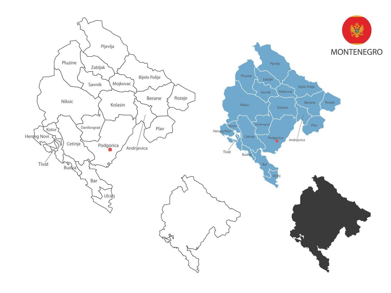 4 estilo de ilustración de vector de mapa de montenegro tiene toda la provincia y marca la ciudad capital de montenegro. por estilo de simplicidad de contorno negro delgado y estilo de sombra oscura. aislado sobre fondo blanco.