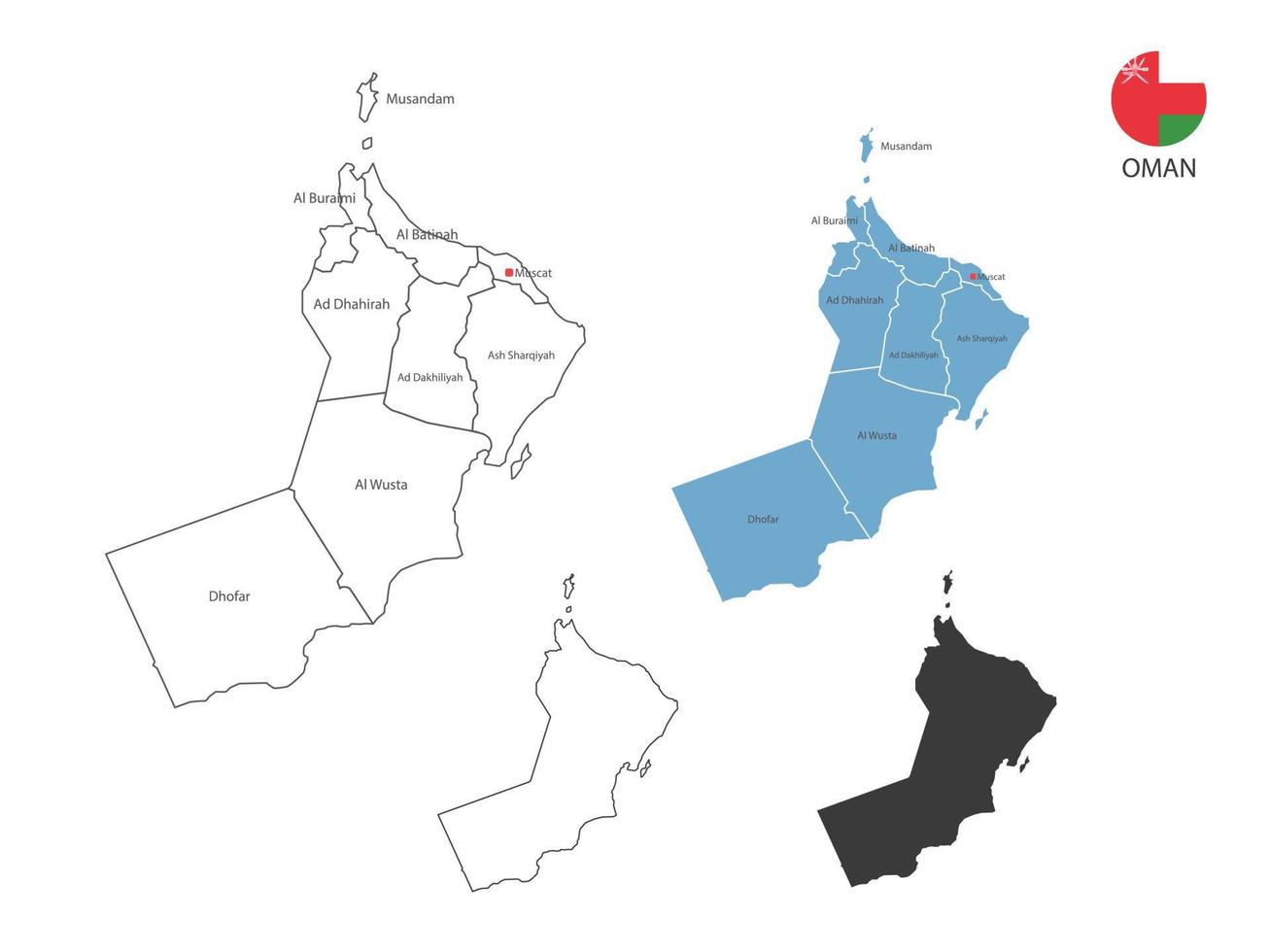 4 estilo de ilustración de vector de mapa de omán tiene toda la provincia y marca la ciudad capital de omán. por estilo de simplicidad de contorno negro delgado y estilo de sombra oscura. aislado sobre fondo blanco.