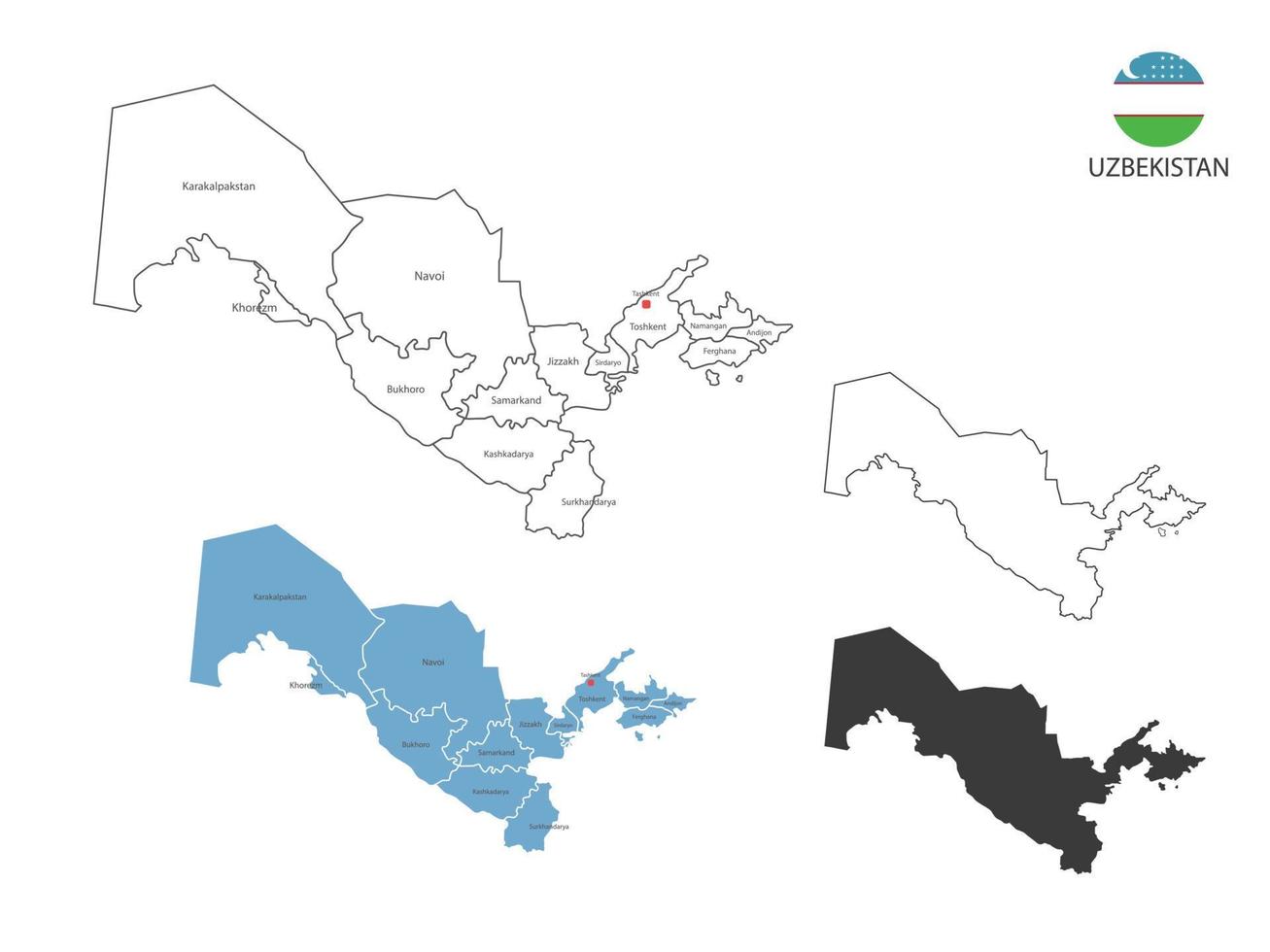 4 style of Uzbekistan map vector illustration have all province and mark the capital city of Uzbekistan. By thin black outline simplicity style and dark shadow style. Isolated on white background.