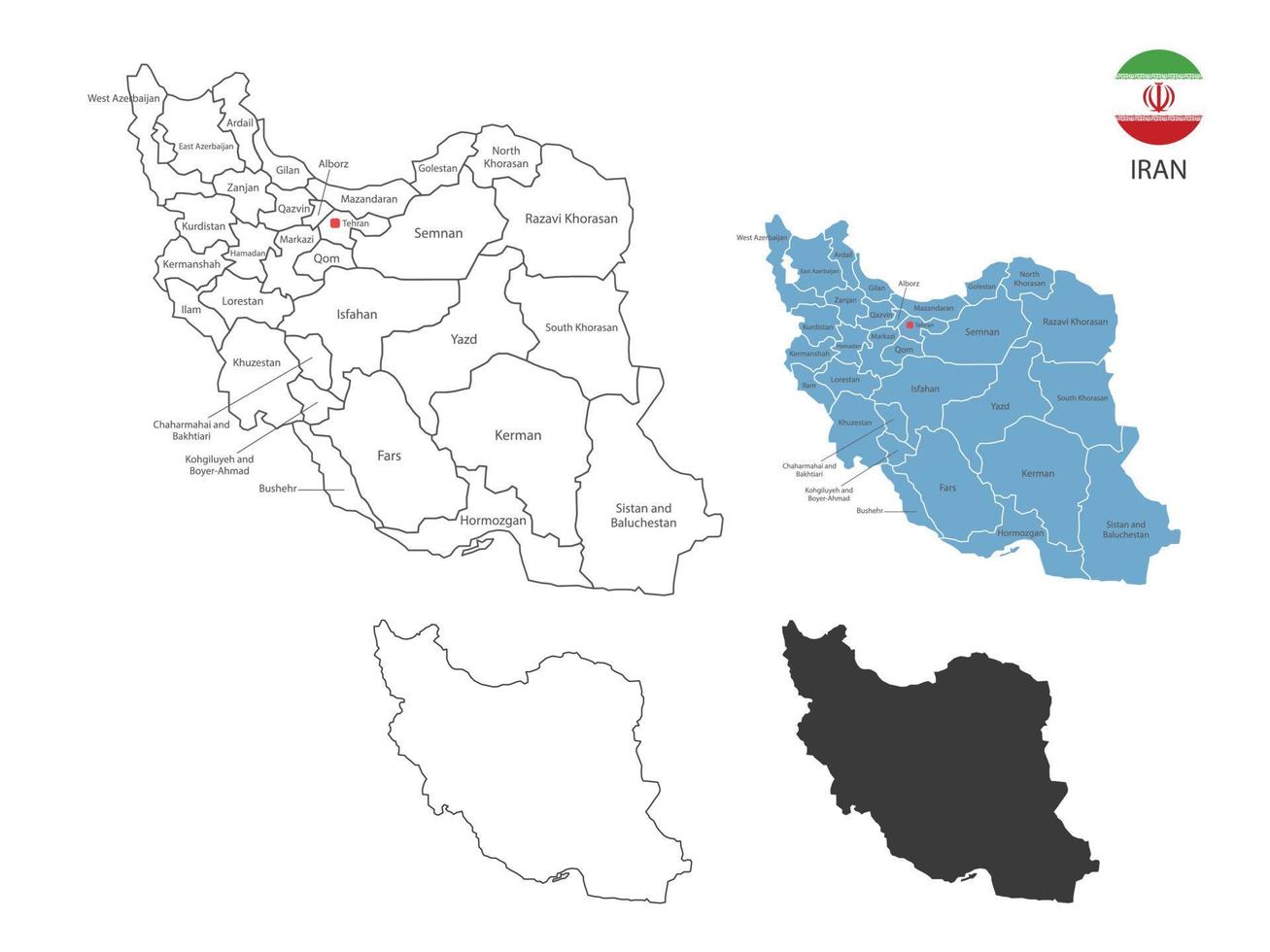 4 style of Iran map vector illustration have all province and mark the capital city of Iran. By thin black outline simplicity style and dark shadow style. Isolated on white background.