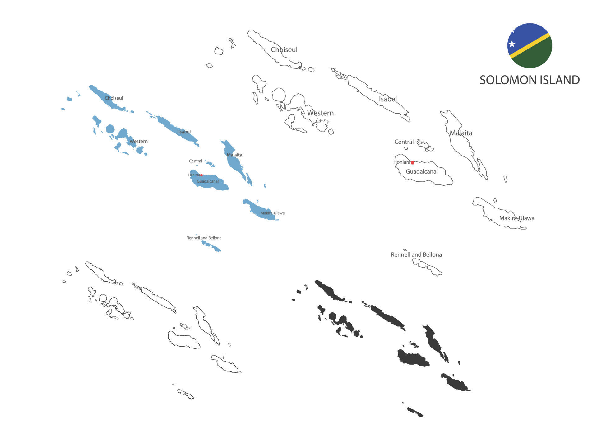 4 style of Solomon Island map vector illustration have all province and
