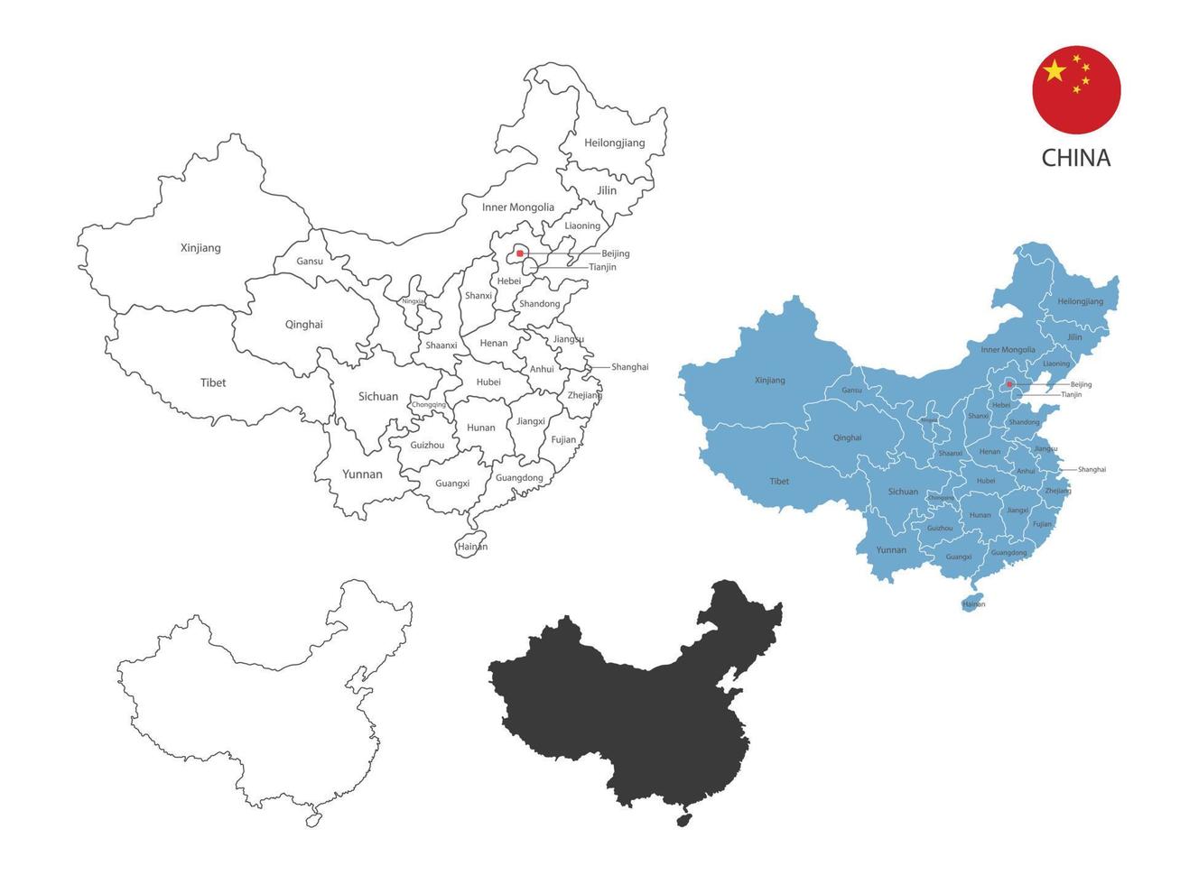 4 style of China map vector illustration have all province and mark the ...