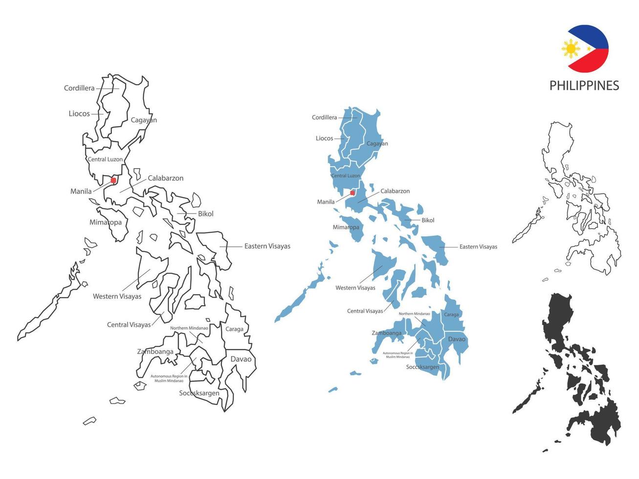 4 estilo de ilustración de vector de mapa de filipinas tiene toda la provincia y marca la ciudad capital de filipinas. por estilo de simplicidad de contorno negro delgado y estilo de sombra oscura. aislado sobre fondo blanco.