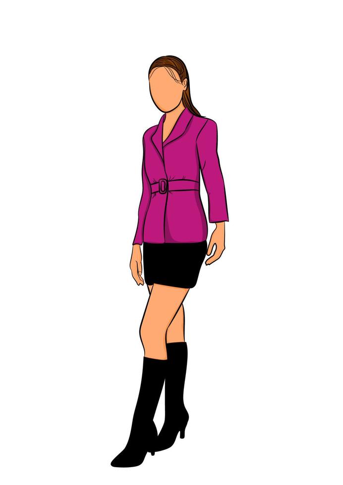 graphics drawing woman standing short skirt pink suit with white background vector