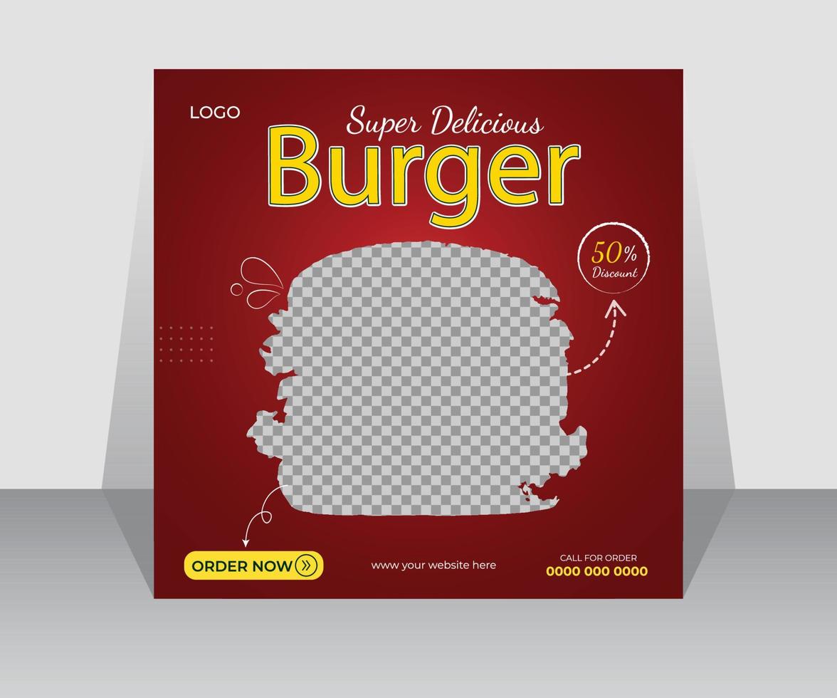 plantilla de publicación de hamburguesas deliciosas en redes sociales, plantillas de banner de publicaciones de redes sociales de comida rápida para comidas de hamburguesas y diseño de volante de hamburguesas súper deliciosas para restaurantes, entrega gratuita vector