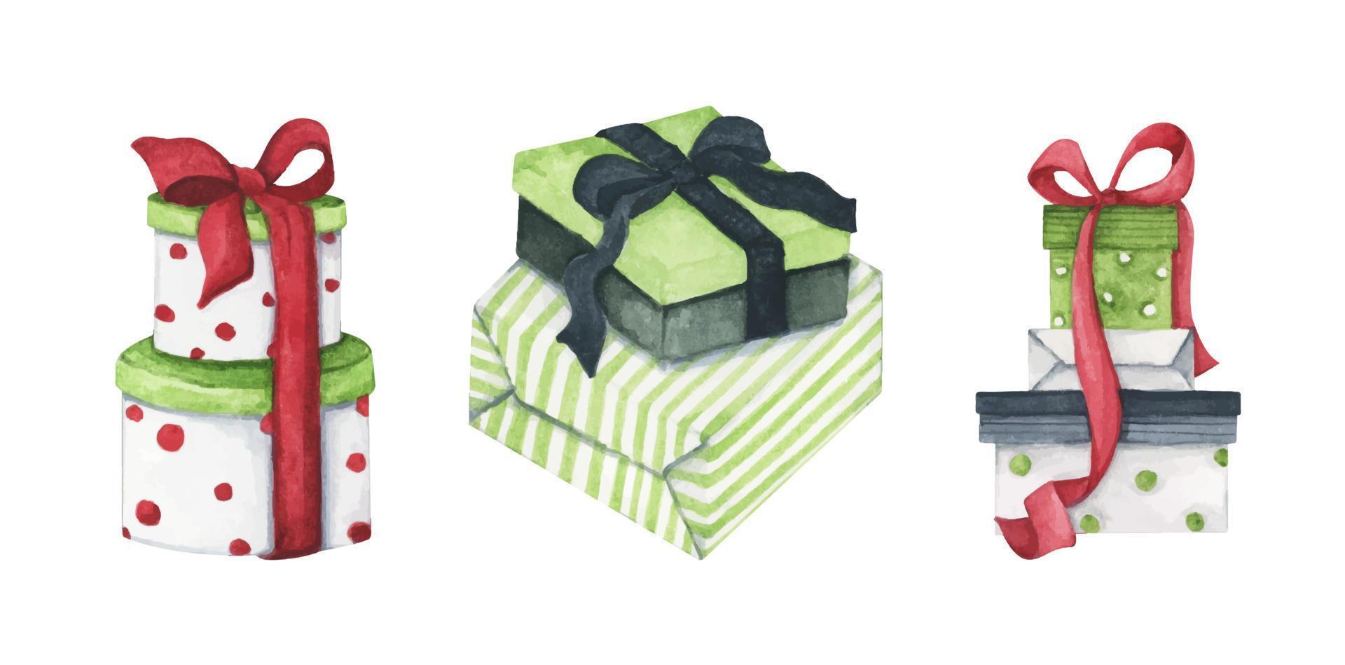 Christmas gift boxes with bows, Present box set. For design, print or background. Watercolor illustration. vector