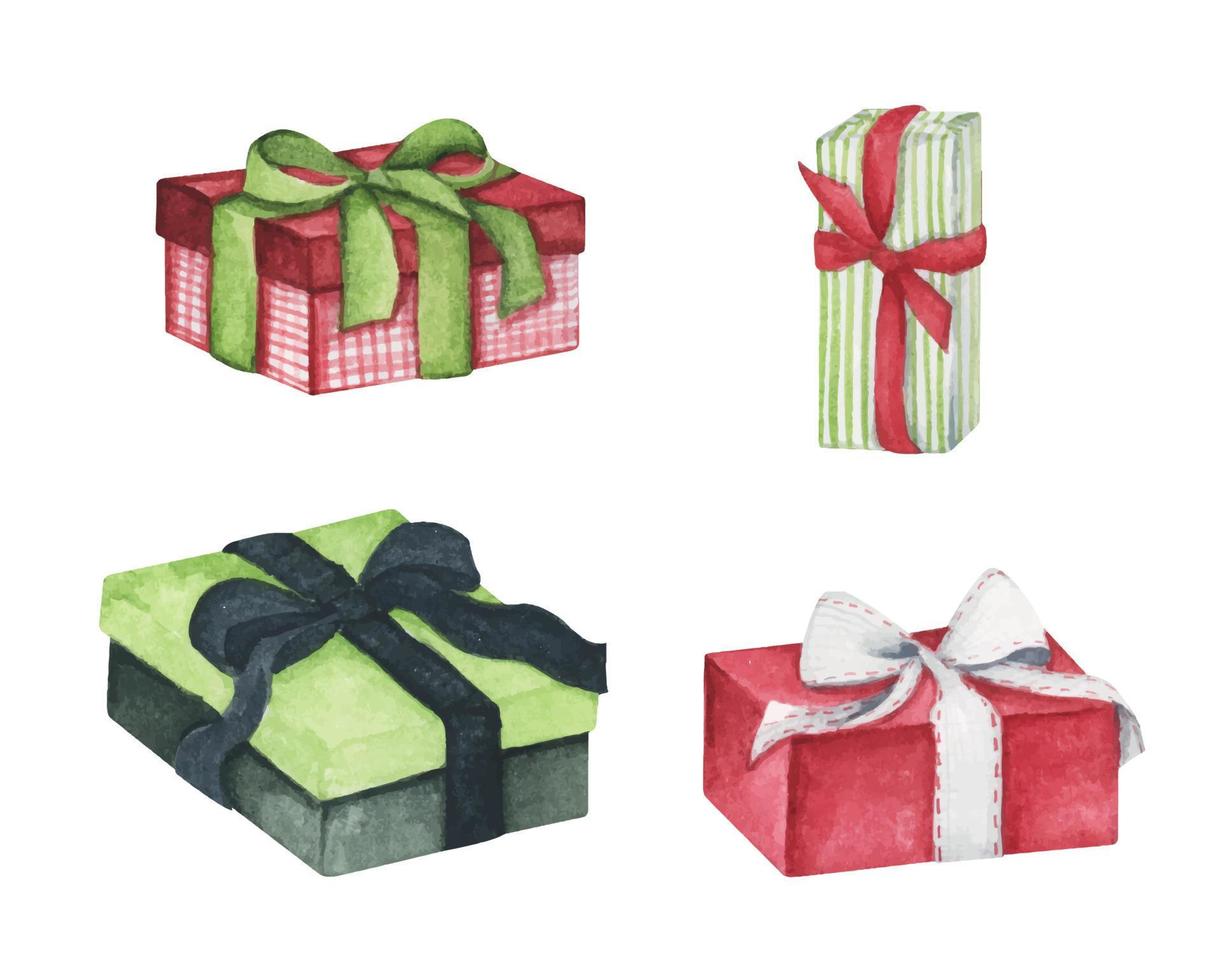 Christmas gift boxes with bows, Present box set. For design, print or background. Watercolor illustration. vector