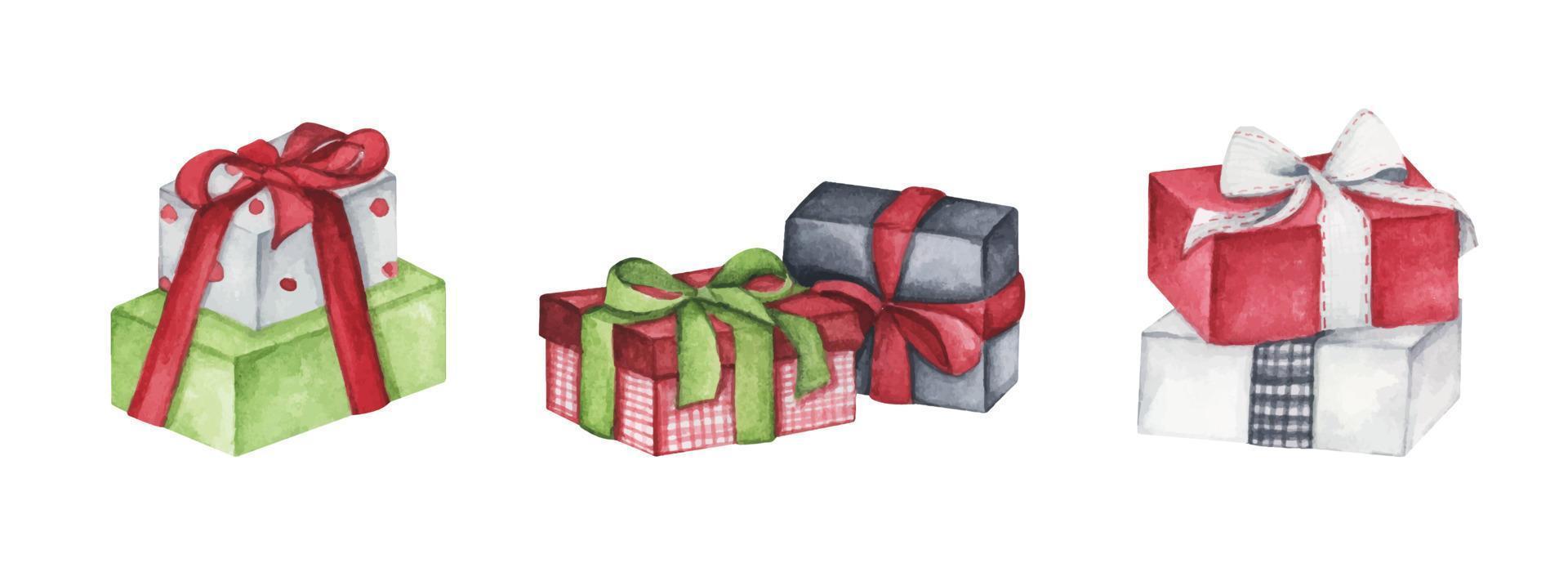 Christmas gift boxes with bows, Present box set. For design, print or background. Watercolor illustration. vector