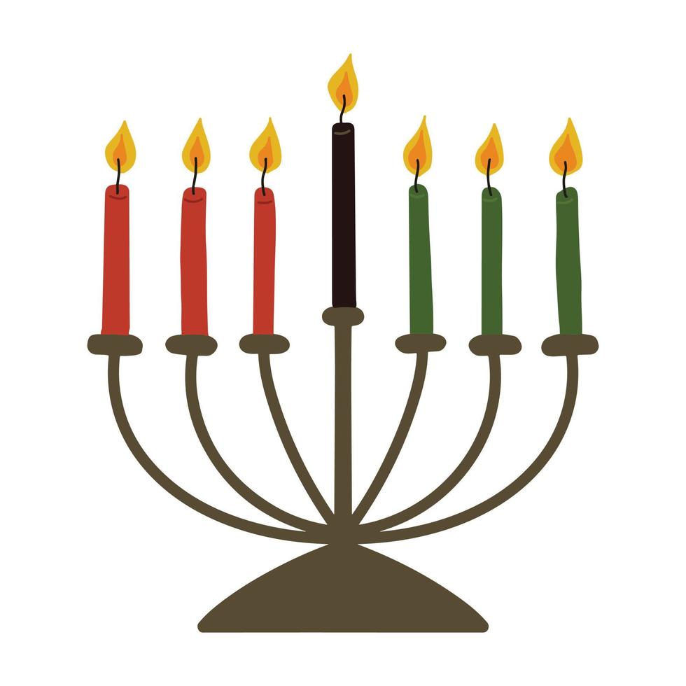 Traditional kinara candleholder with seven candles in traditional African colors - red, black, green. Simple hand drawn vector illustration, drawing candles clip art for Kwanzaa celebration.