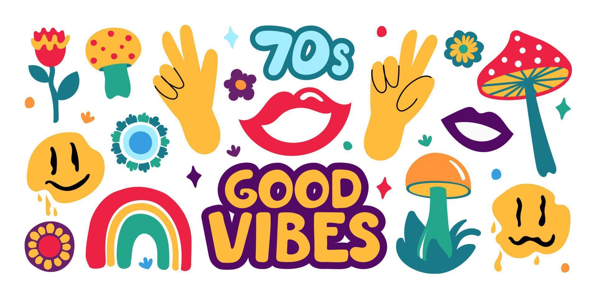 A large set in the retro style of the 70s. Good vibes multicolored inscription. Vector illustration