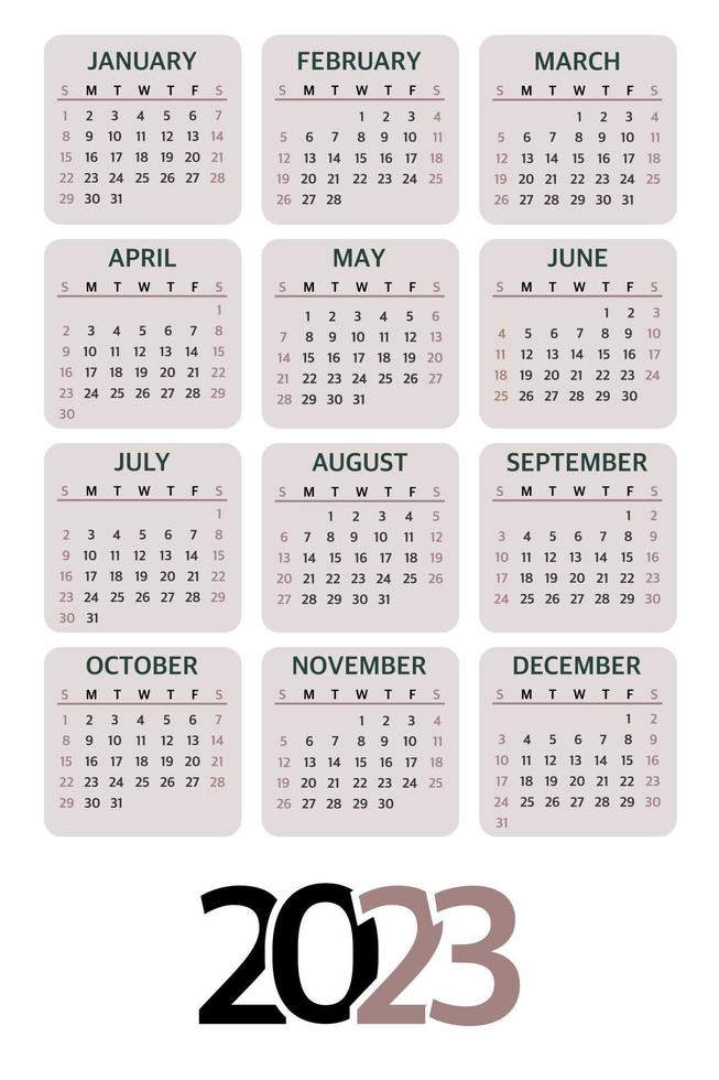 Calendar 2023 Planner template, the beginning of the week on Sunday. Vector illustration on a white background