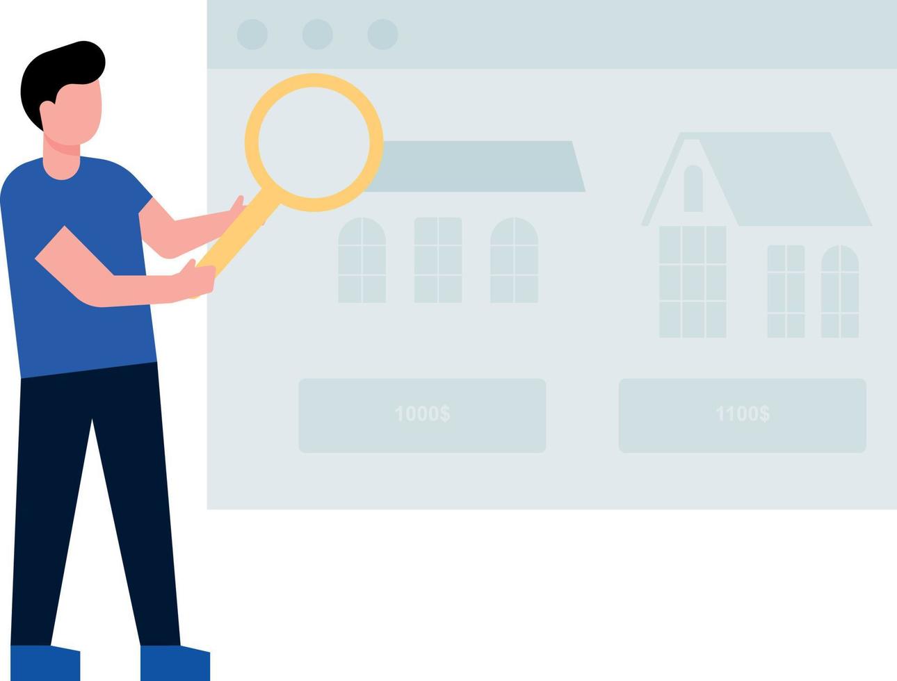 Boy searching for house properties on web page. vector