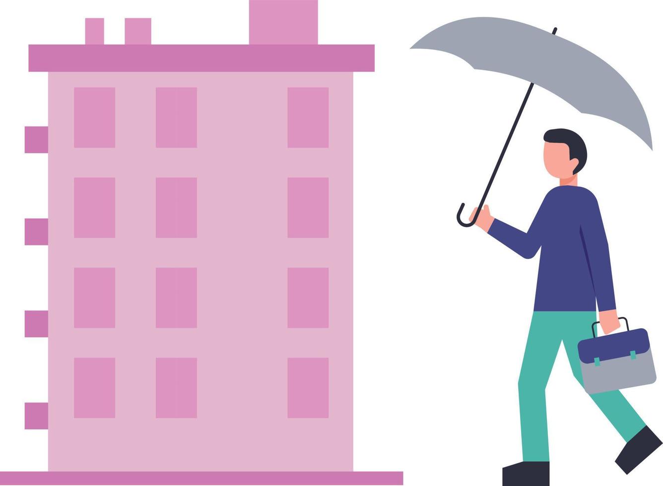 Boy walking with briefcase and umbrella. vector