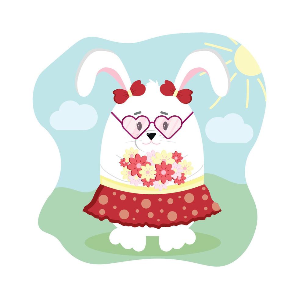 funny animals set round bunny with flowers in a skirt and bows illustrations for children postcard print vector