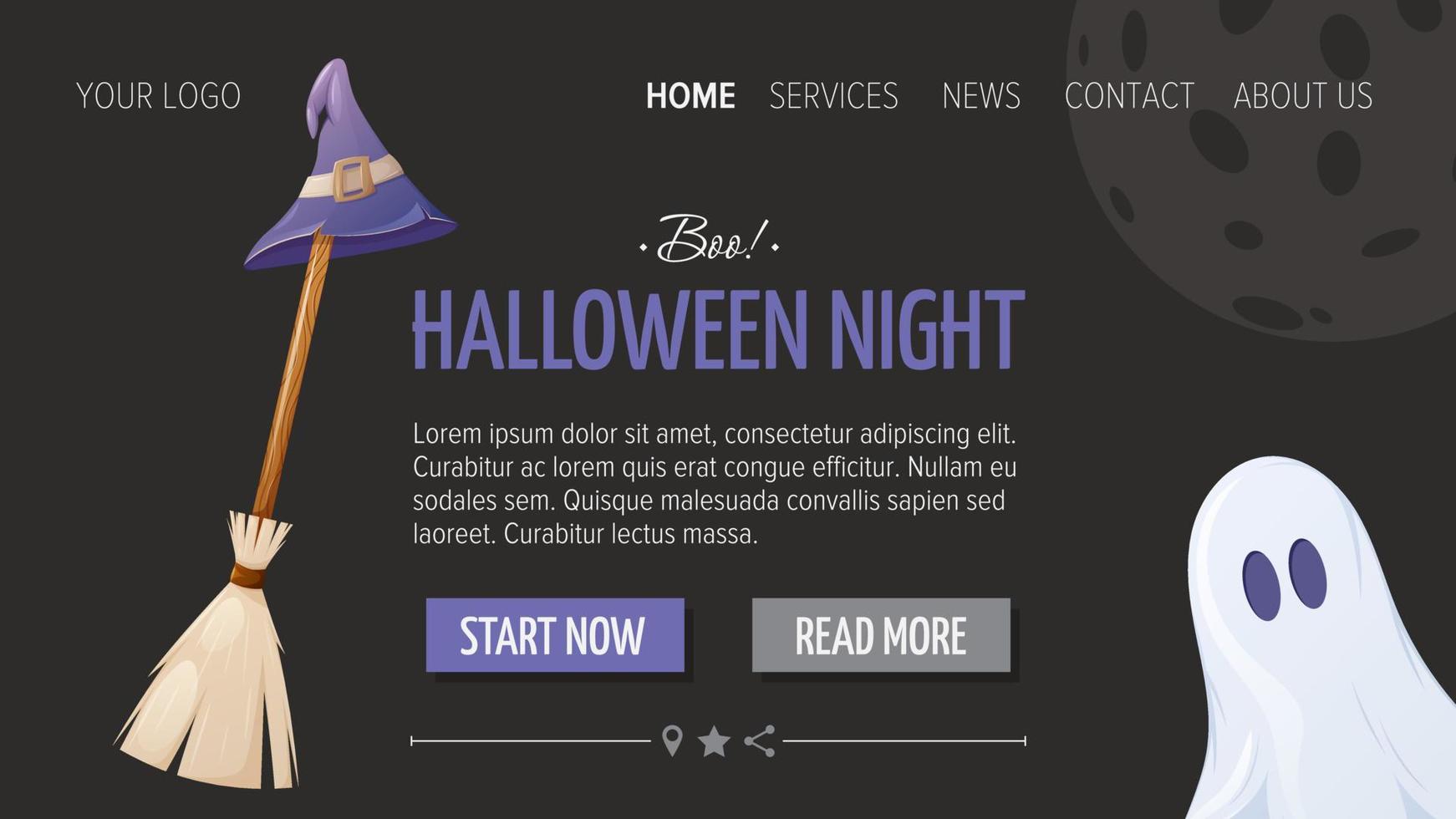 Witch broom with a sorcery hat and cute ghost. Halloween dark horizontal template for website interface. Vector illustration. For store, sale.