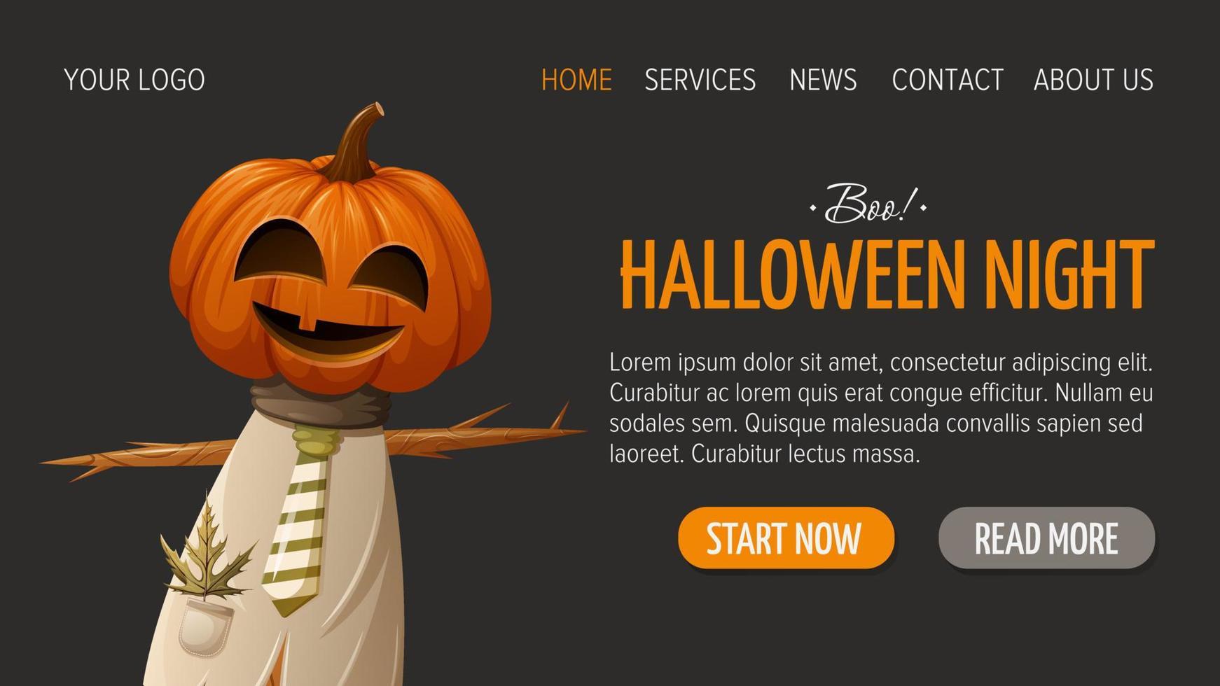 espantapájaros de halloween con una calabaza en lugar de una cabeza. plantilla horizontal oscura para la interfaz del sitio web. ilustración vectorial para tienda, venta. vector