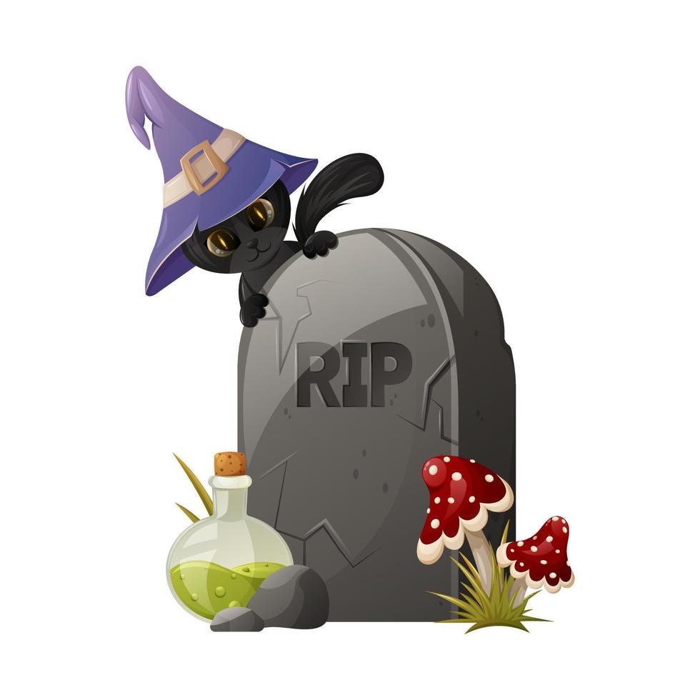 Cute Halloween black cat in a sorcery hat peeks out from behind a tombstone. Potion in a glass flask, fly agaric. Cartoon vector illustration for holiday.