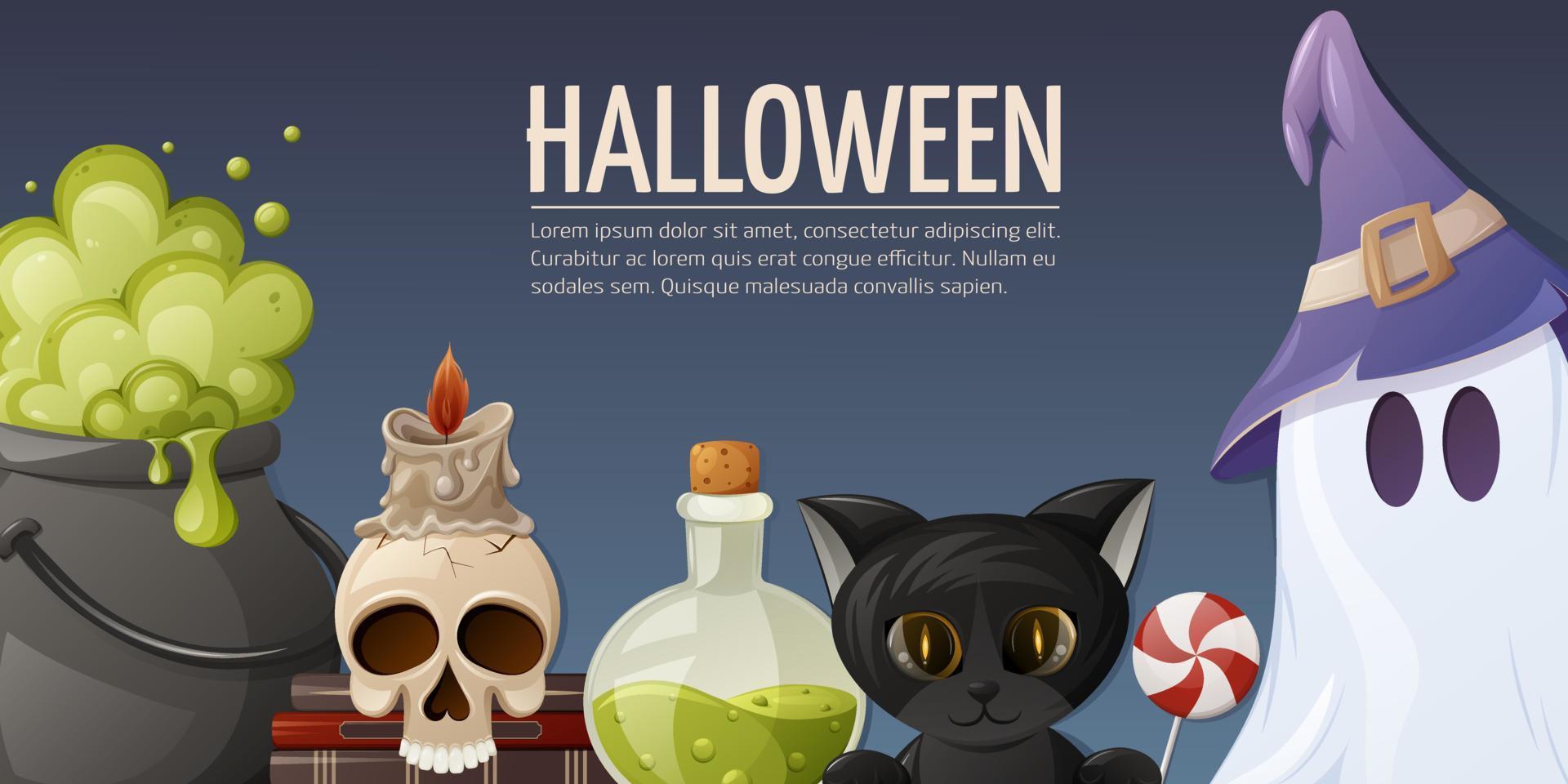Halloween night background. Boiling potion in a cauldron, skull with candle on witch books, cute black cat, posion and ghost in a sorcery hat. Cartoon vector illustration. Space for text.