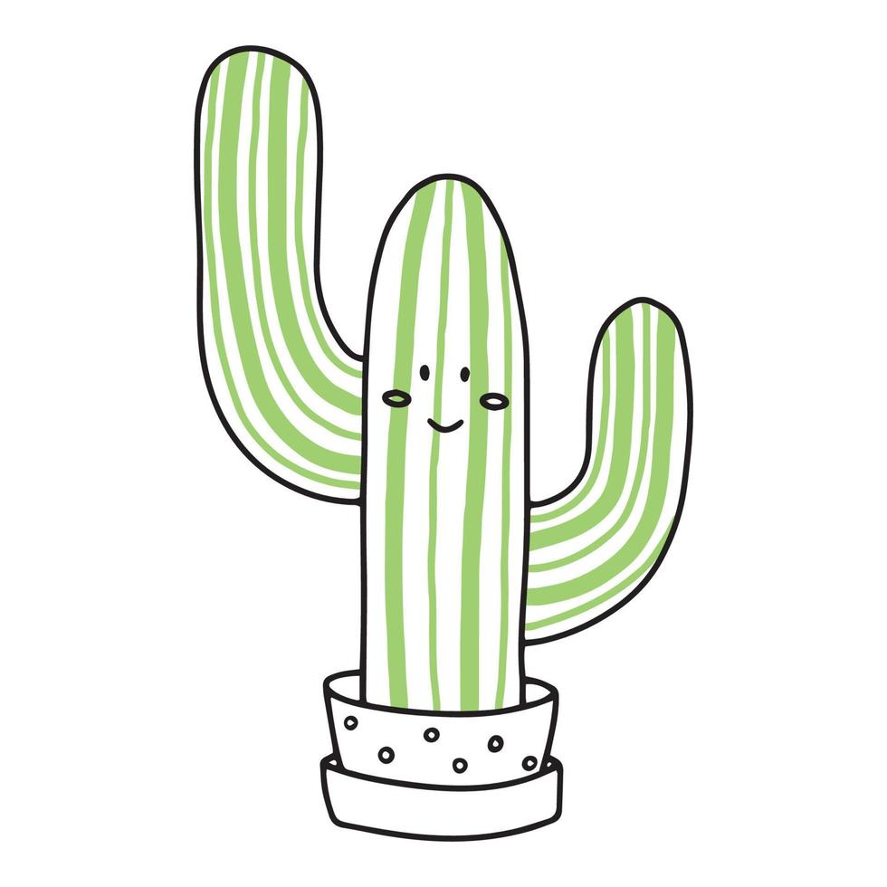 Cute cactus in the style of doodles. cactus with kawaii emotions. Vector illustration of a happy smiling cactus with spikes and needles. A plant in a flower pot. icons.