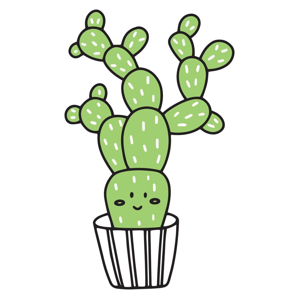 lindo cactus al estilo de garabatos. cactus con emociones kawaii. ilustración vectorial de un cactus sonriente feliz con picos y agujas. una planta en una maceta. iconos vector