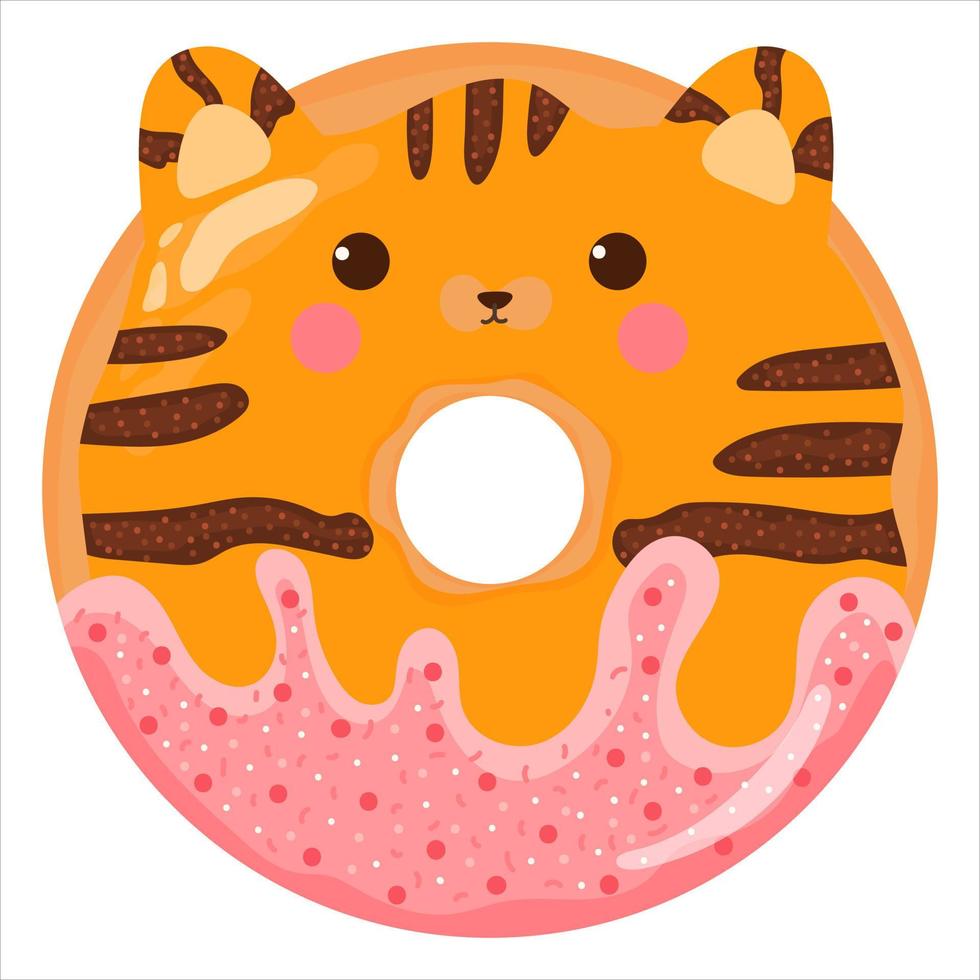 Cute tiger or red cat with face donut with pink glaze, tasty sweets for kids in cartoon childish style vector