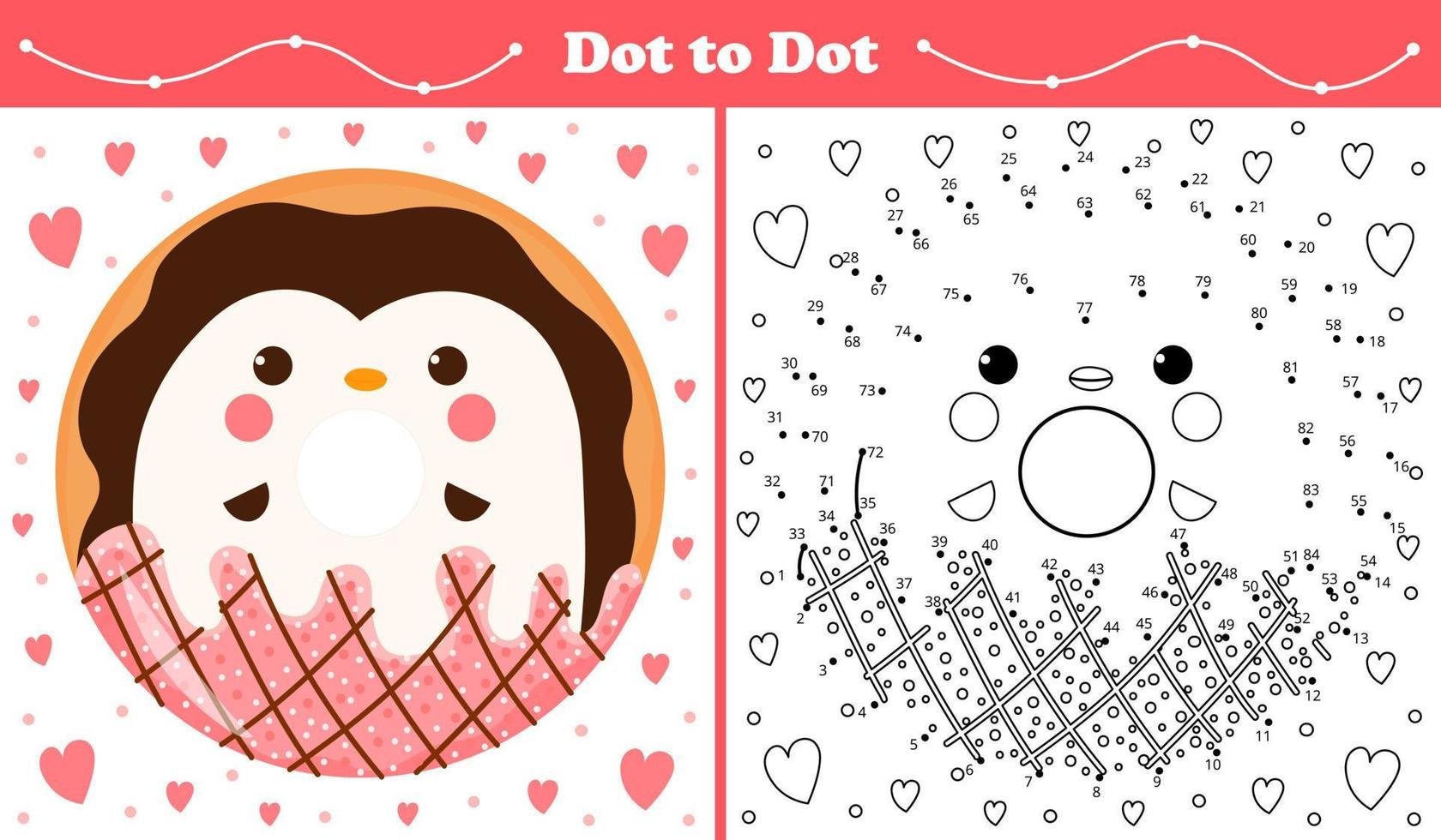 página educativa para colorear con rompecabezas de punto a punto para niños con donut dulce en forma de pingüino en estilo de dibujos animados, hoja de trabajo imprimible en estilo infantil para libros infantiles vector