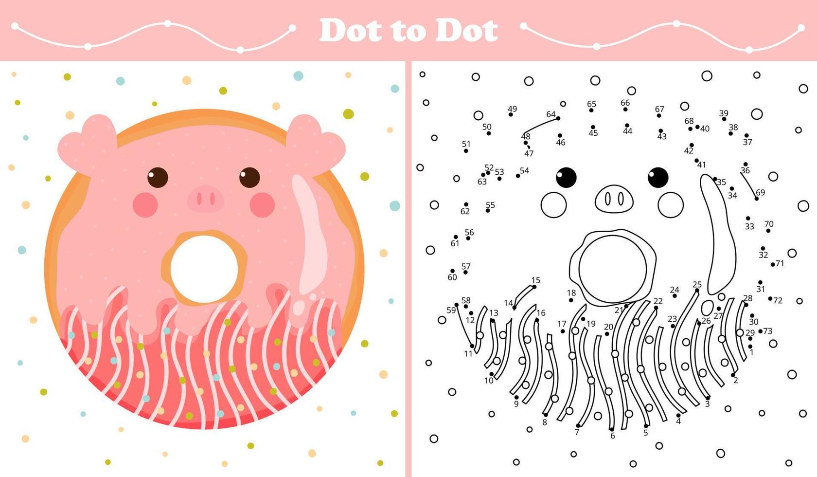 Educational coloring page with dot to dot puzzle for kids with pig or piglet shape sweet donut in cartoon style, printable worksheet in childish style for children books vector