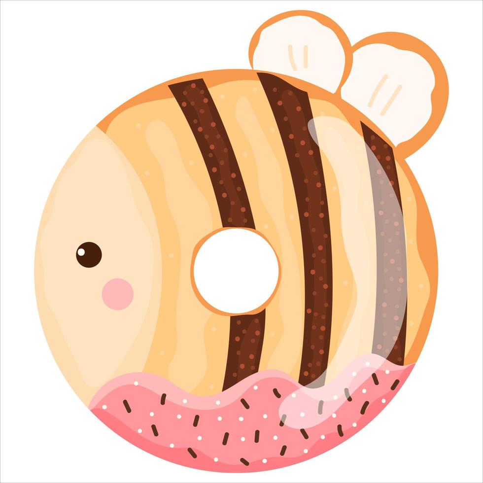 Cute bee with face donut with pink and chocolate glaze, tasty sweets for kids in cartoon childish style vector