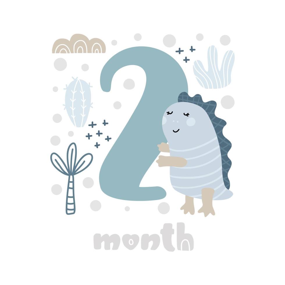 2 two months Baby boy anniversary card metrics. Baby shower print with cute animal dino, flowers and palm capturing all special moments. Baby milestone card for newborn vector