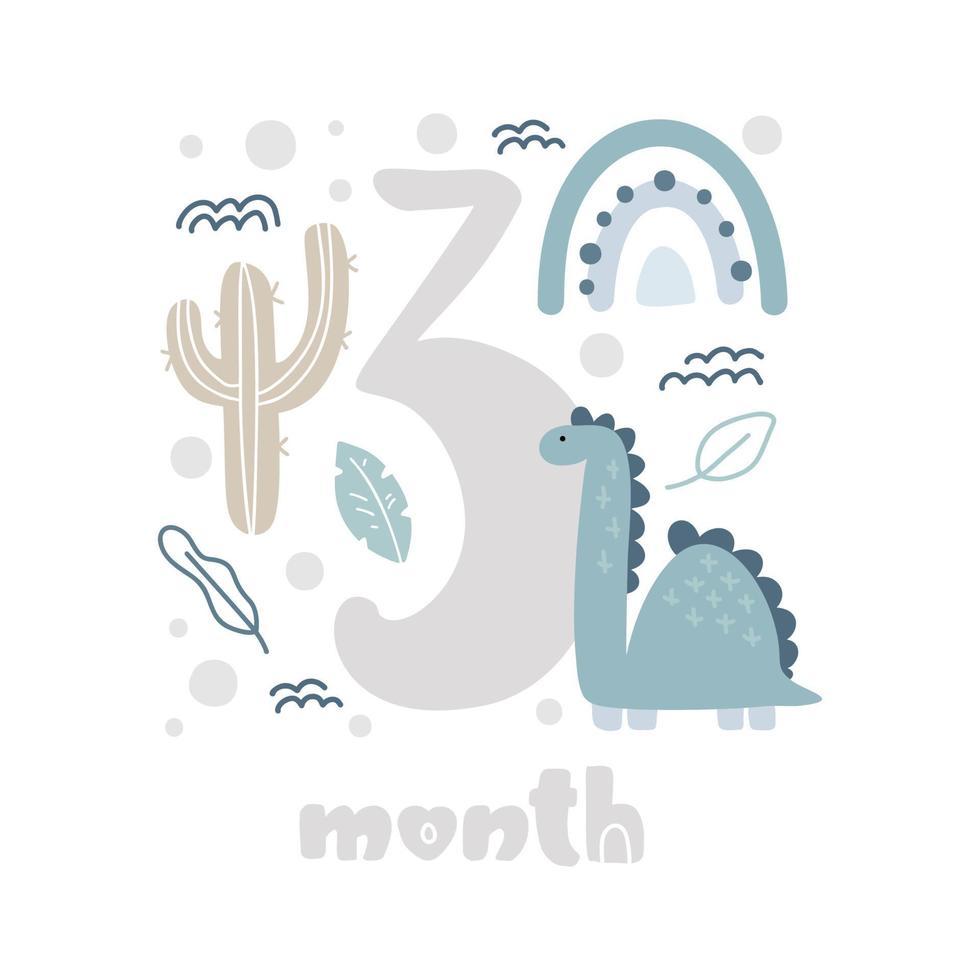 3 three months Baby boy anniversary card metrics. Baby shower print with cute animal dino, flowers and palm capturing all special moments. Baby milestone card for newborn vector