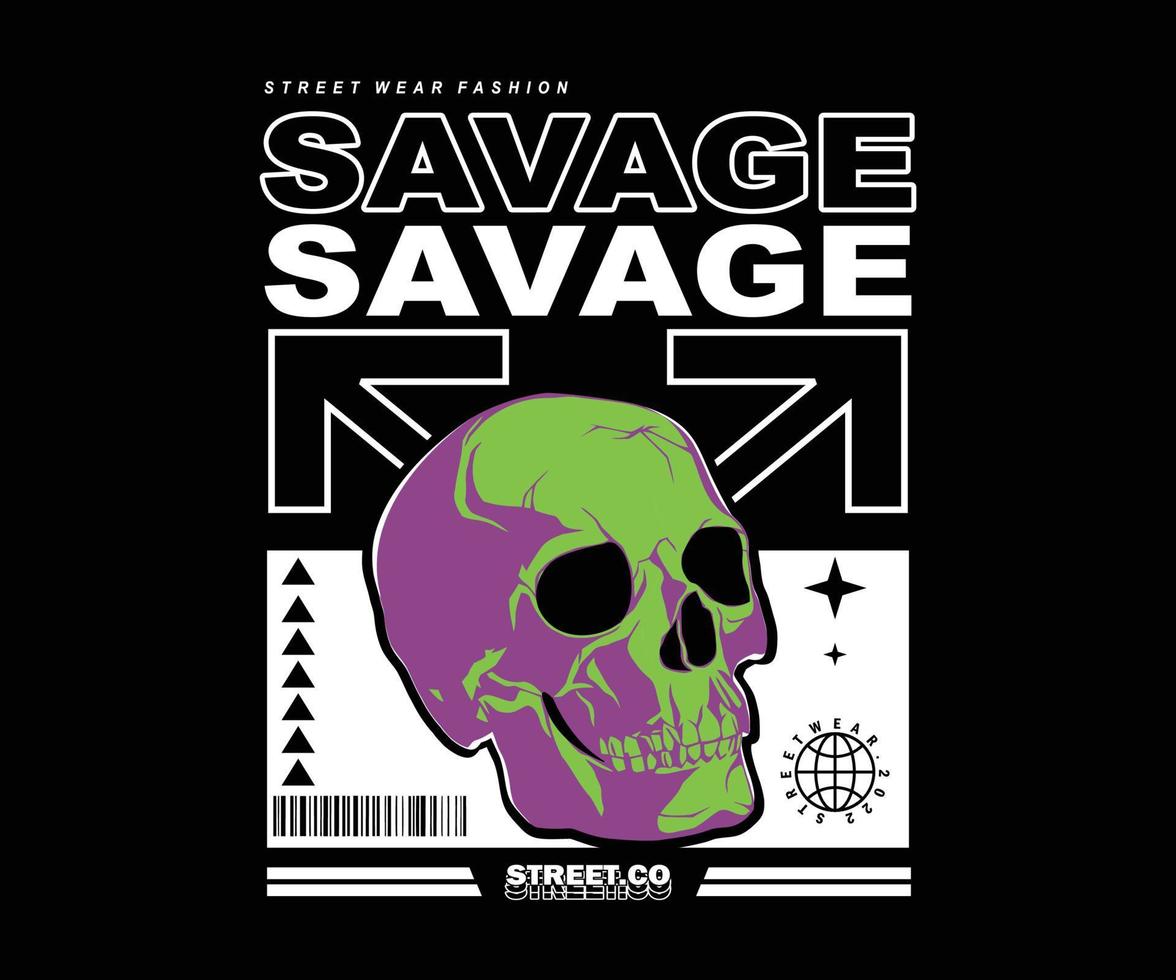 savage skull aesthetic graphic design for creative clothing, streetwear and urban style t-shirts design, ready to print vector