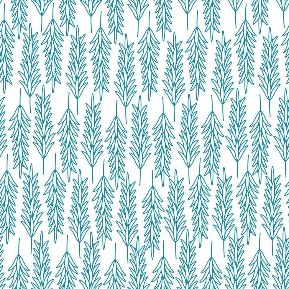 Rosemary. A green sprig of fragrant spice. Repeating vector pattern. Seamless floral ornament. Abstract background of twigs with leaves. Isolated colorless background. Doodle style.