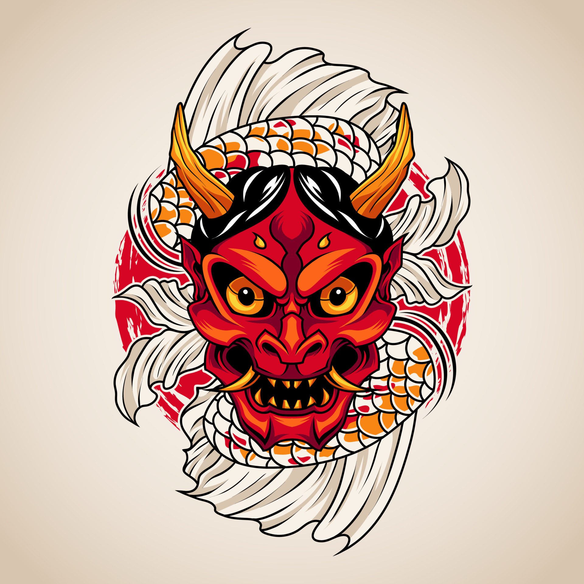 Japanese oni mask with koi fish ornament 11958825 Vector Art at Vecteezy