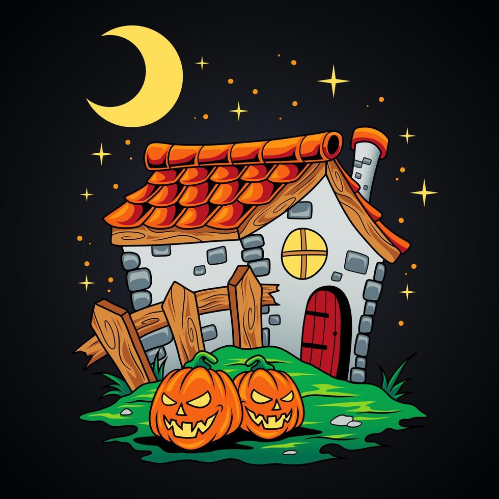 casa de halloween y calabaza vector