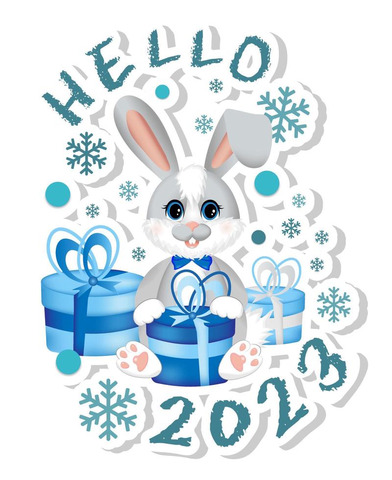 Sticker with symbol of the 2023 year. Cute little rabbit or hare sitting with gifts. vector