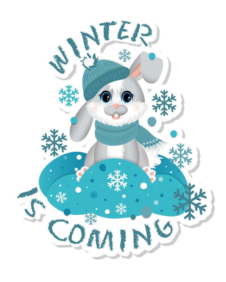 Sticker with symbol of the 2023 year. Cute little rabbit or hare sitting in snow. vector