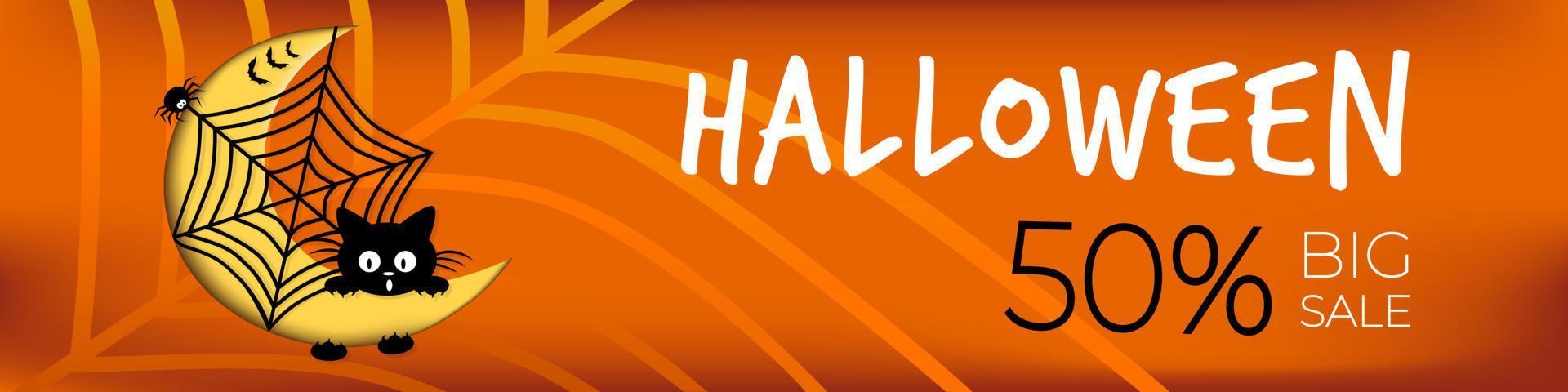 Happy Halloween sale banner, flyer on orange background with spiders, web, bats and black kitten. vector