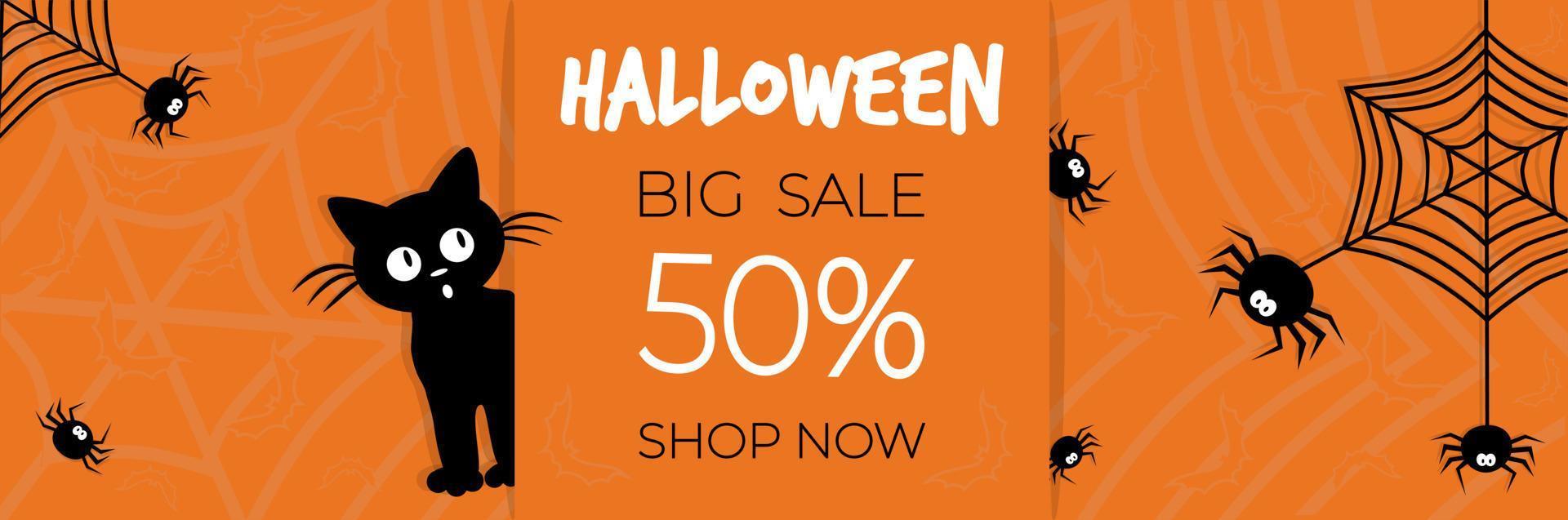 Happy Halloween sale banner with spiders, web, bats and black kitten. Paper cut style. vector