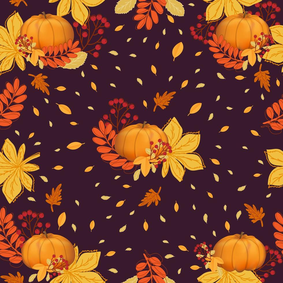 Seamless pattern with autumn leaves of chestnut, pumpkin and rowan on dark background. vector