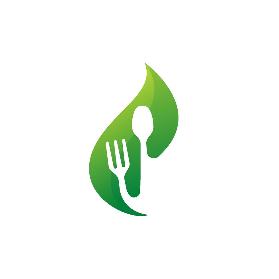 logotipo de comida verde. hoja con símbolo de tenedor y cuchara. ilustración de icono de alimentos orgánicos vector