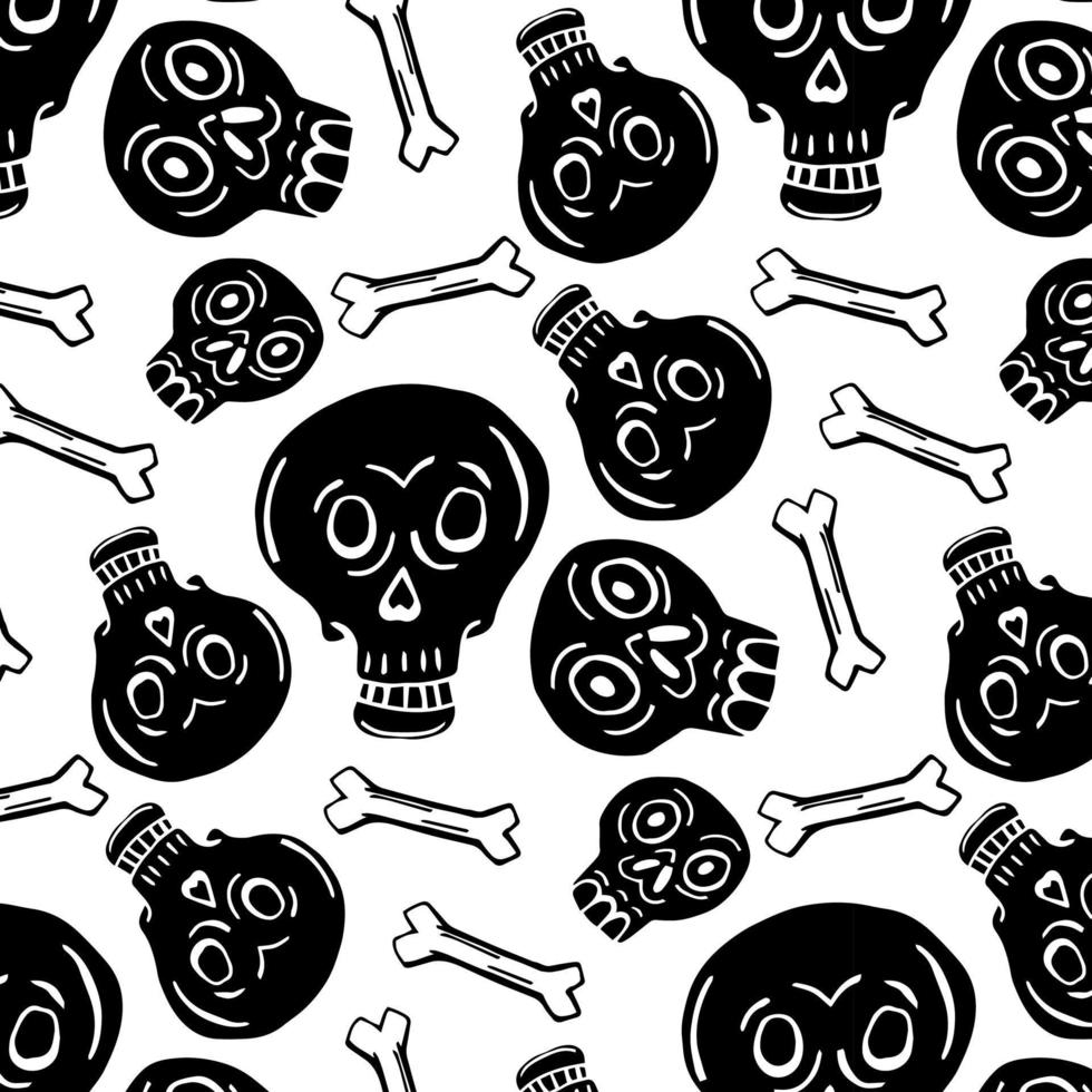 patrón sin costuras de calaveras de dibujos animados. huesos, halloween, calavera. cráneos con huesos. oscuridad, miedo, horror. vector