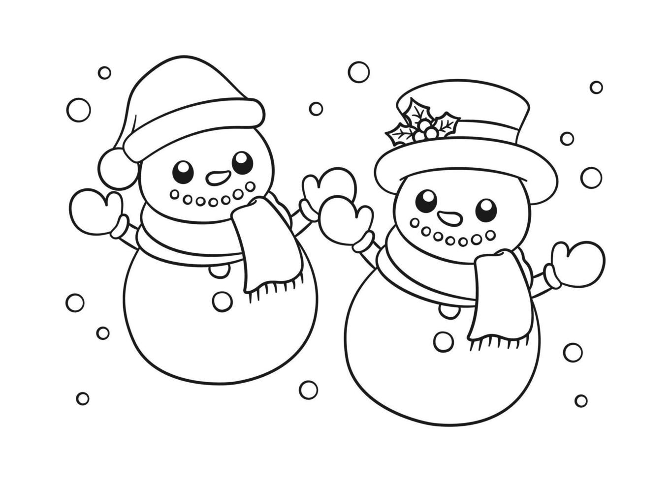 muñeco de nieve con sombreros y bufanda con ilustración de dibujos animados de doodle de arte de línea de contorno de nieve. actividad de la página del libro de colorear del tema navideño de invierno para niños y adultos. vector