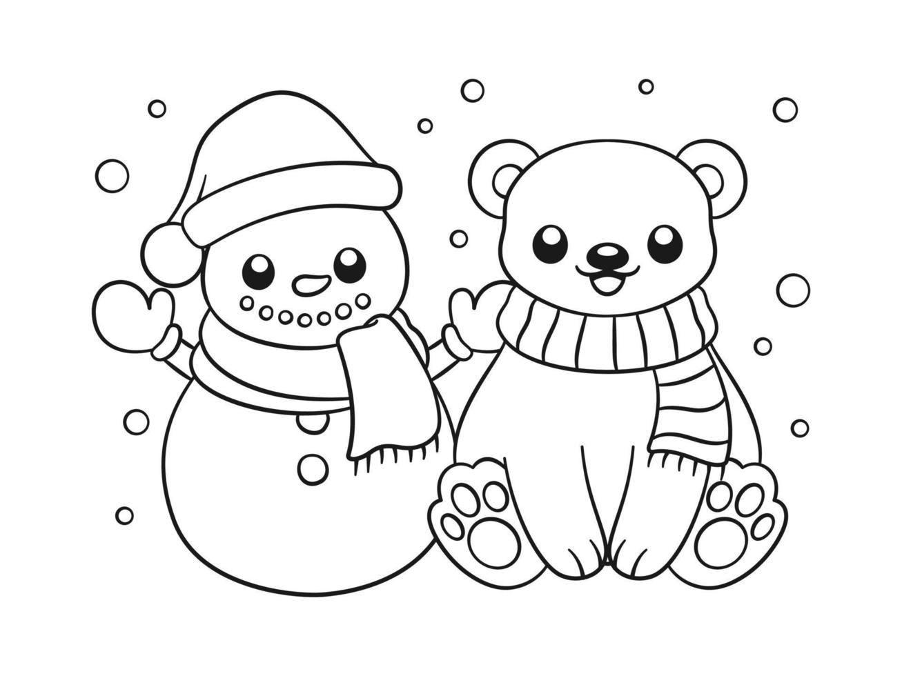 Snowman and polar bear wearing a scarf outline line art doodle cartoon illustration. Winter Christmas theme coloring book page activity for kids and adults. vector